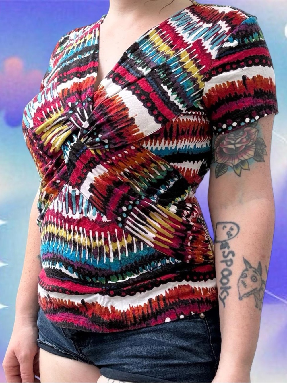 vintage y2k rainbow abstract fitted top - cable & gauge, sz md